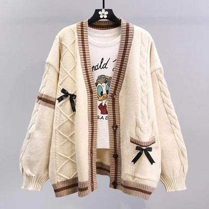 Damen Strickcardigan Zopfmuster Dekorative Schleifen Beige - Norvielle