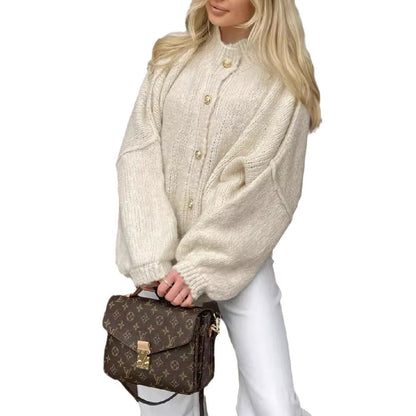 Damen Oversized Strickpullover Voluminöse Ärmel Beige