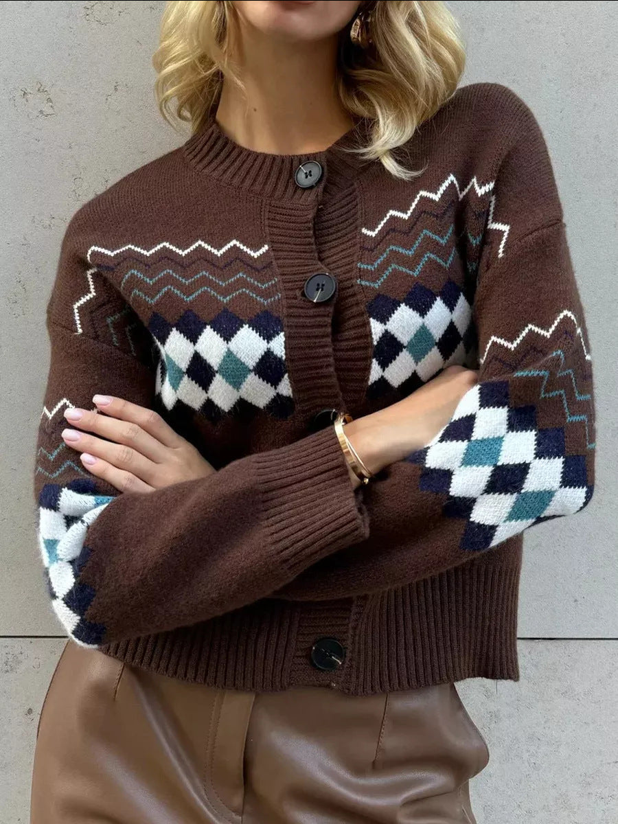 Damen Strickjacke Rautenmuster Knopfverschluss Norvielle