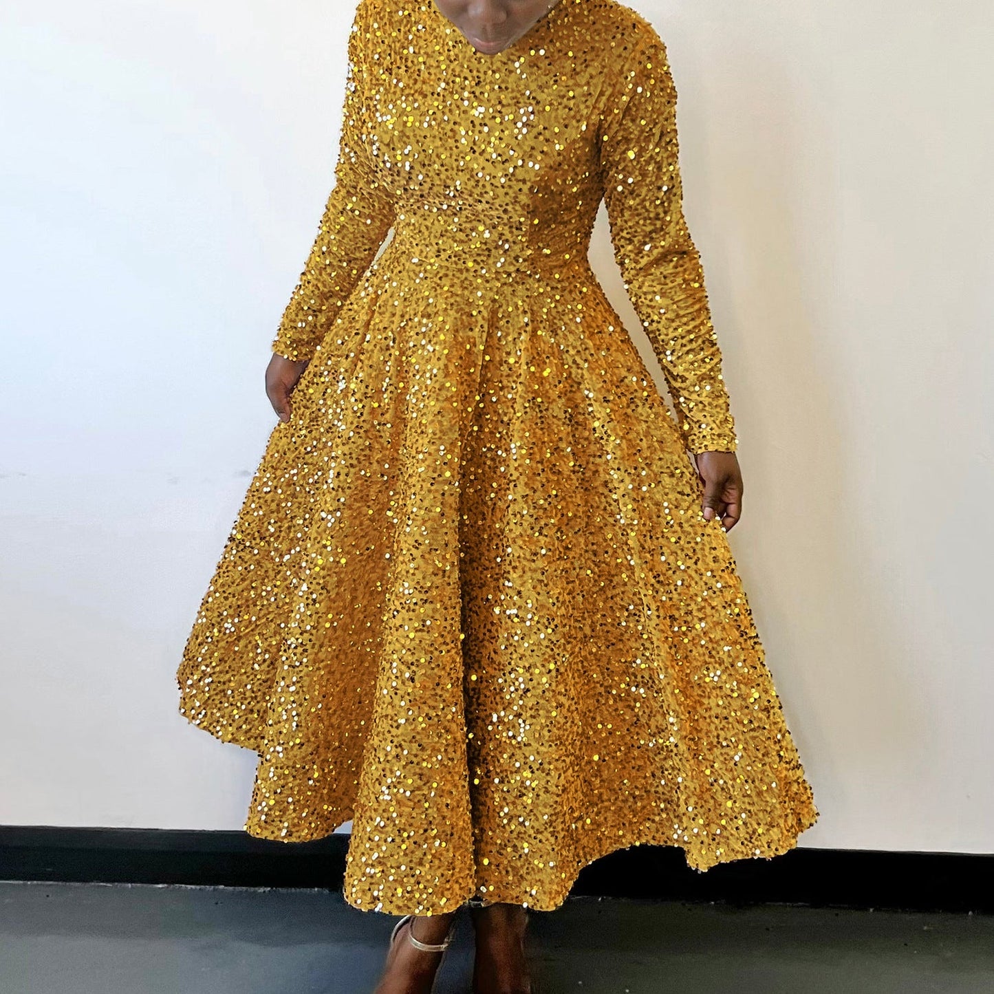 Damen Abendkleid Lang Glitzernd Schwarz - Norvielle