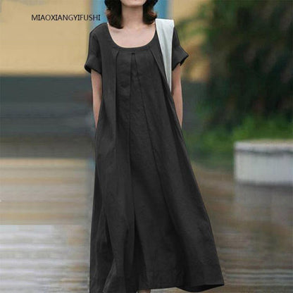 Damen Maxi-Kleid Weiter Schnitt Rundhalsausschnitt Norvielle