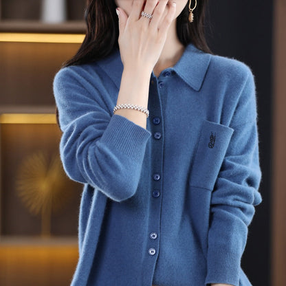 Damen Strickjacke Langärmlig Elegant Kragen Knopfleiste