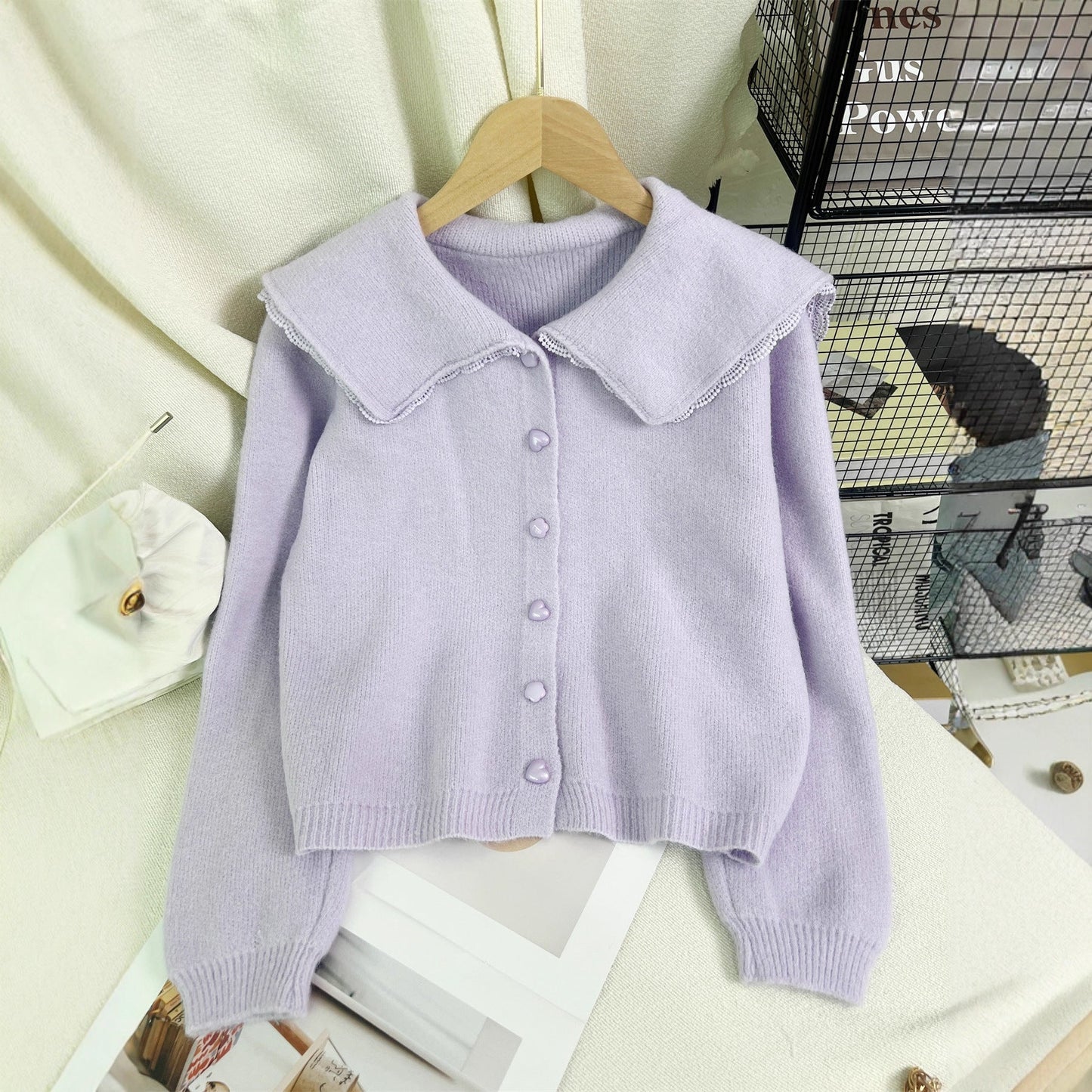 Damen Strickjacke Großkragen Dekorativ Norvielle