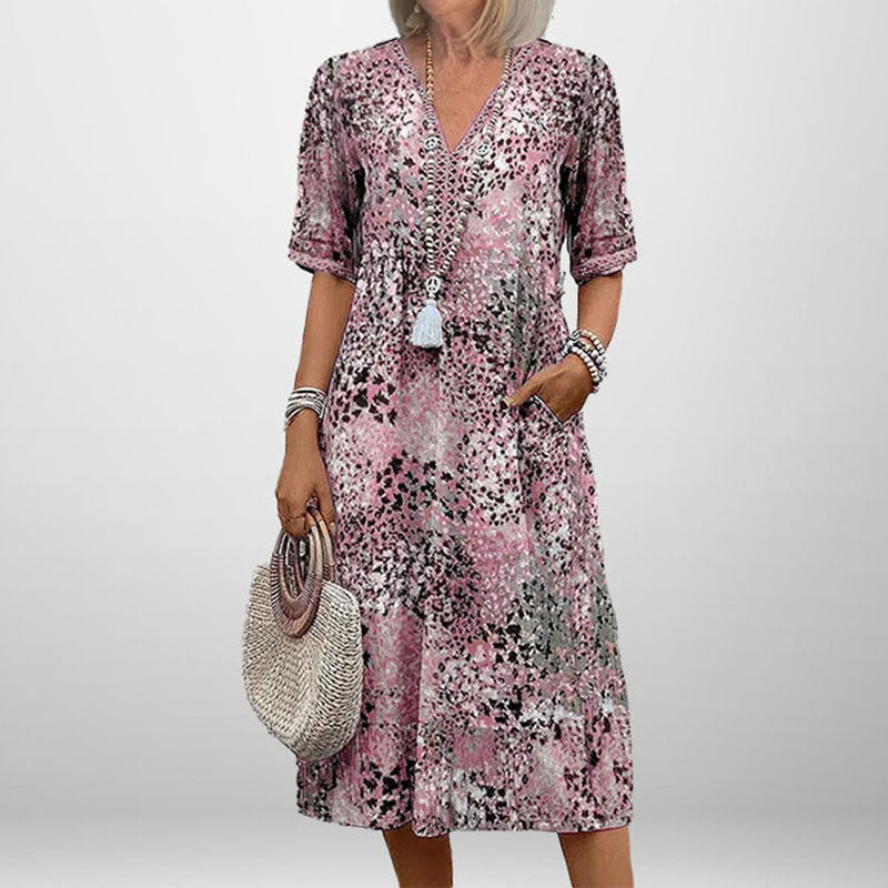 Damen Tunika-Kleid mit Muster V-Ausschnitt