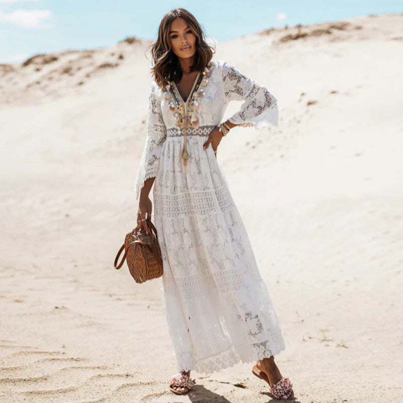 Damen Sommerkleid Boho Maxi Langarm