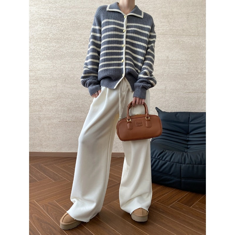 Damen Strickjacke Gestreift Lässig Mit Druckknöpfen Beige