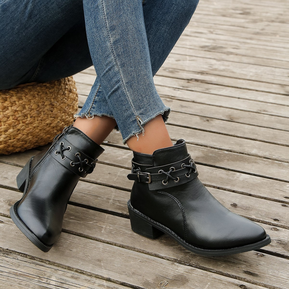 Damen Stiefeletten Spitzem Zeh Blockabsatz Schnür-Schnallen