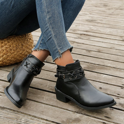 Damen Stiefeletten Spitzem Zeh Blockabsatz Schnür-Schnallen