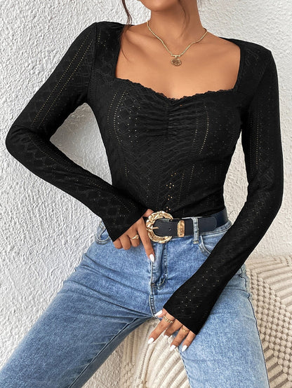 Damen Langarm Bodysuit Quadratischer Ausschnitt Rüschen Norvielle