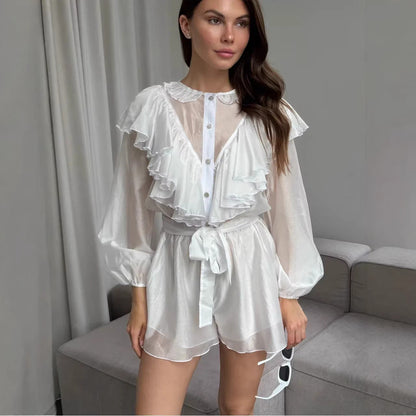 Damen Chiffon-Set mit Rüschendetails und Taillengürtel