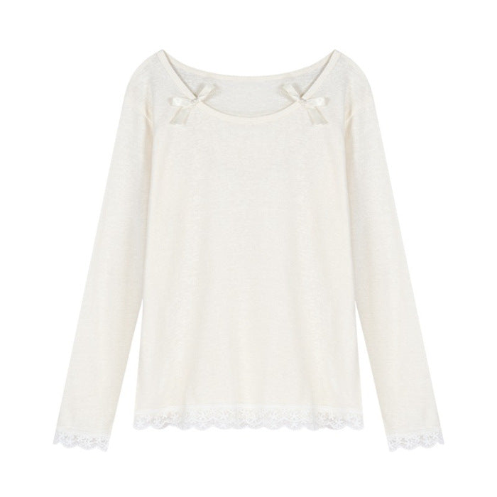 Damen Elegantes Longsleeve-Shirt Spitzendetails Weiß