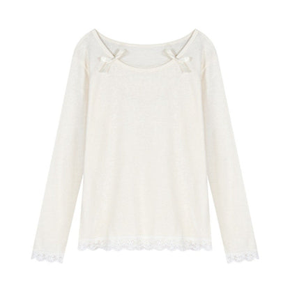 Damen Elegantes Longsleeve-Shirt Spitzendetails Weiß