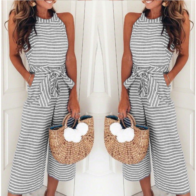 Damen Jumpsuit Streifenmuster Taillengürtel Elegant