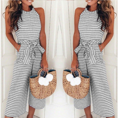 Damen Jumpsuit Streifenmuster Taillengürtel Elegant