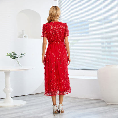 Norvielle Damen Midi Kleid V-Ausschnitt Kurzärmelig mit Gürtel