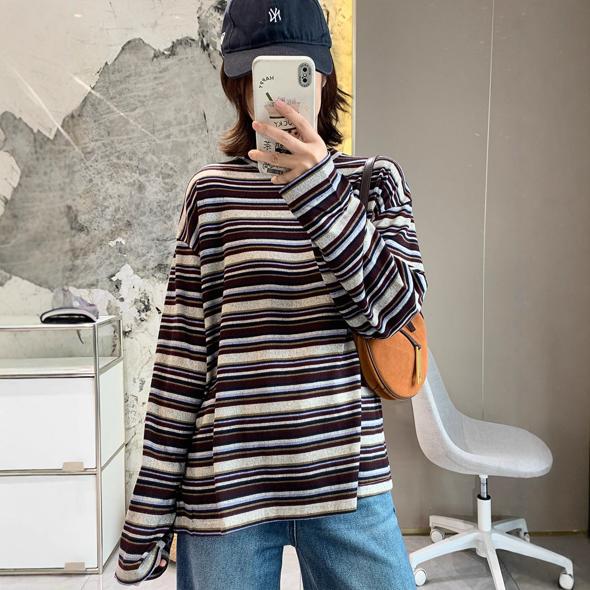 Damen Langarmshirt Streifenmuster Baumwolle Modern Schwarz Weiß - Norvielle