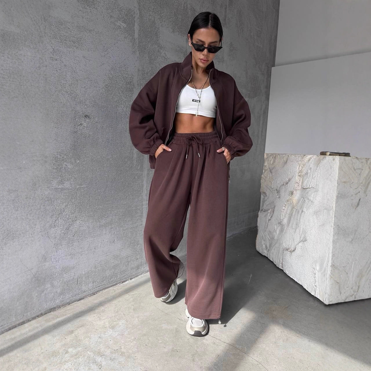 Damen Jogginganzug Oversized Jacke Weite Hose Norvielle