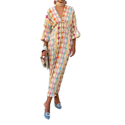 Damen Maxikleid Rautenmuster Voluminöse Ärmel Norvielle