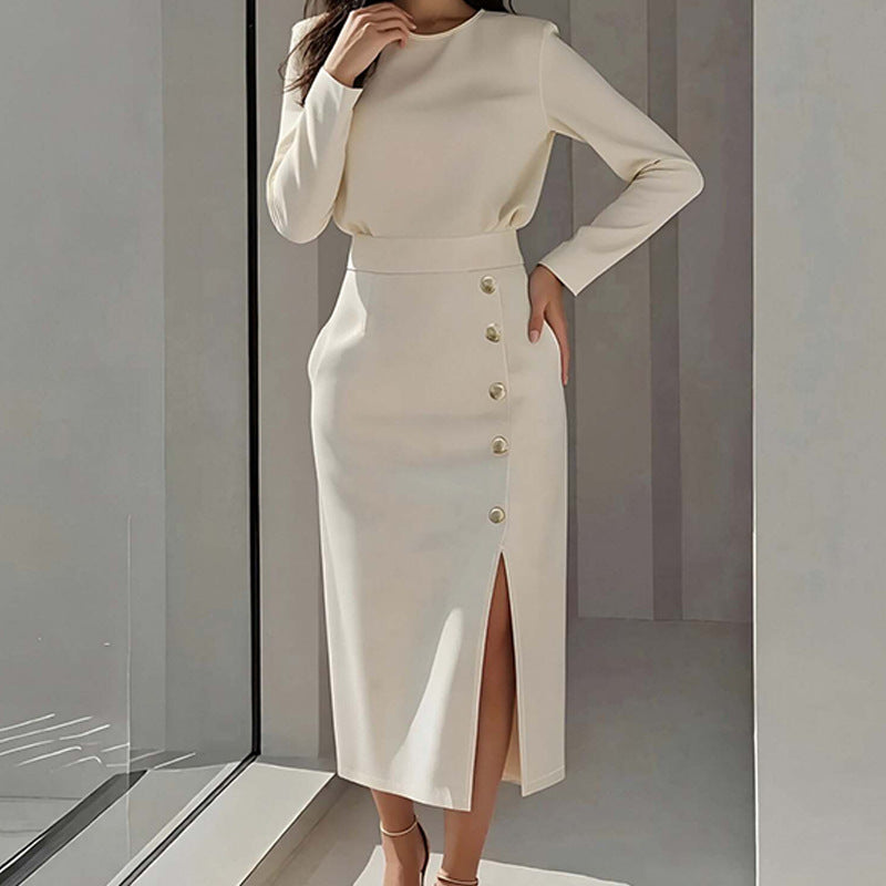Damen Elegantes Midi-Kleid mit Knopf Norvielle