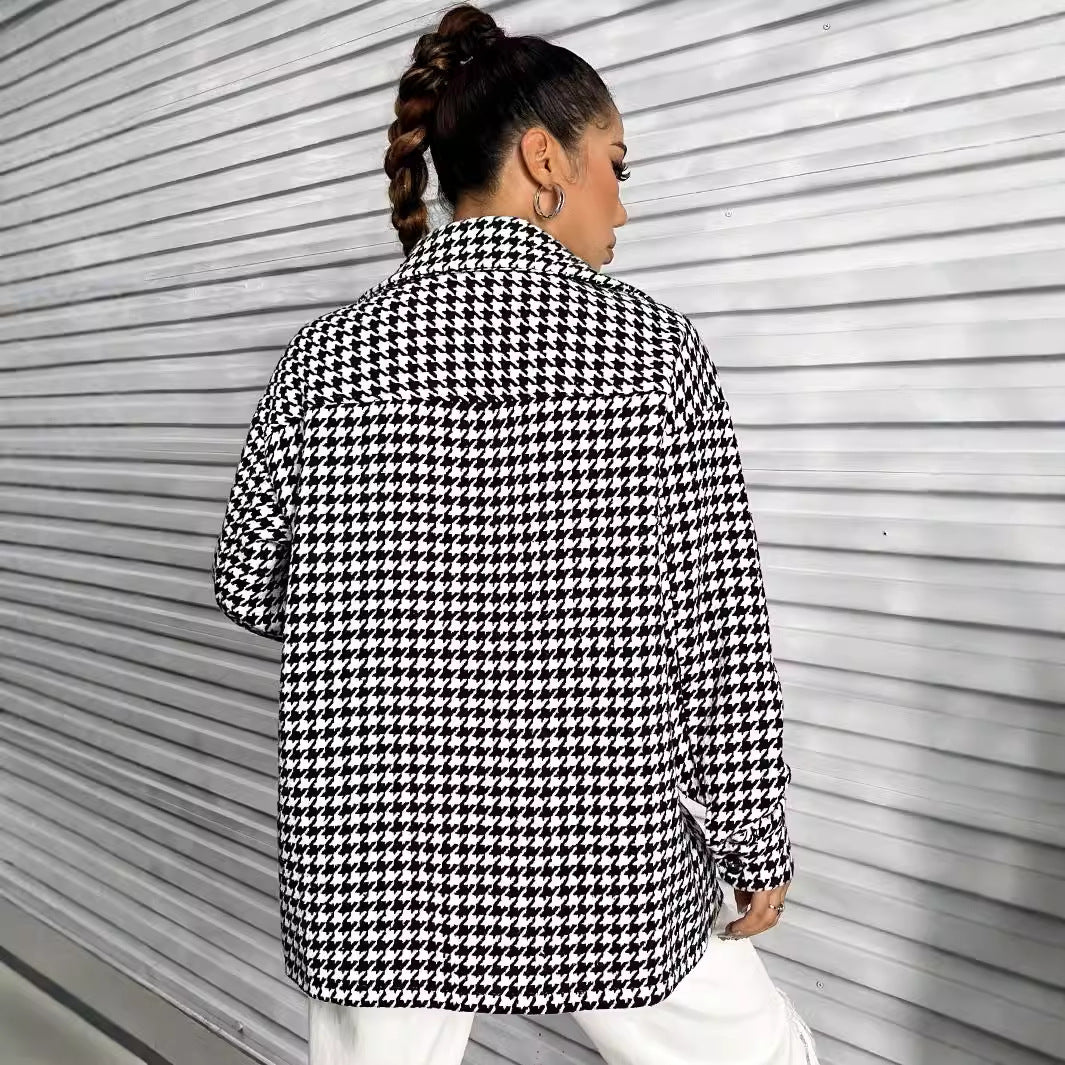 Damen Oversized Bluse Hahnentritt-Design Baumwolle