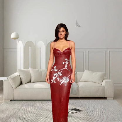 Damen Abendkleid V-Ausschnitt mit Stickmuster schmal Schwarz - Norvielle