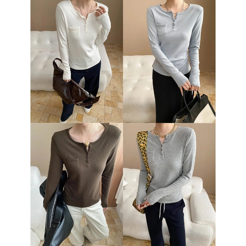 Damen Langarmshirt mit Knöpfen und Brusttasche Norvielle