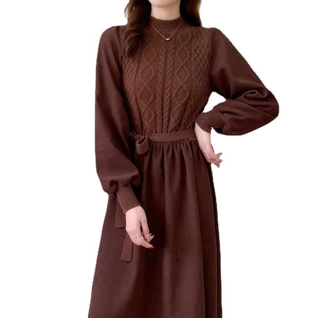 Damen Strickkleid Voluminöse Ärmel Strukturiert Beige