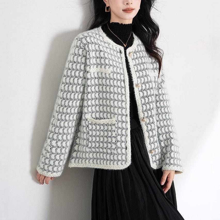 Damen Strickjacke Strukturiertes Muster Knöpfe Beige