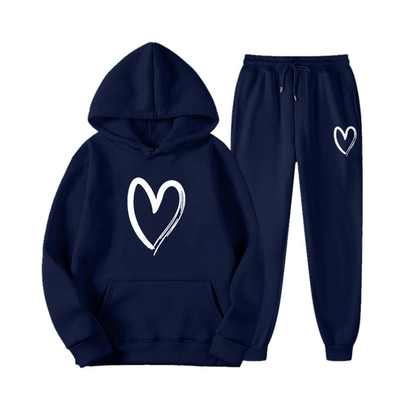 Damen Sweatanzug Kängurutasche Herzprint Grün