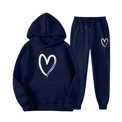 Damen Sweatanzug Kängurutasche Herzprint Grün