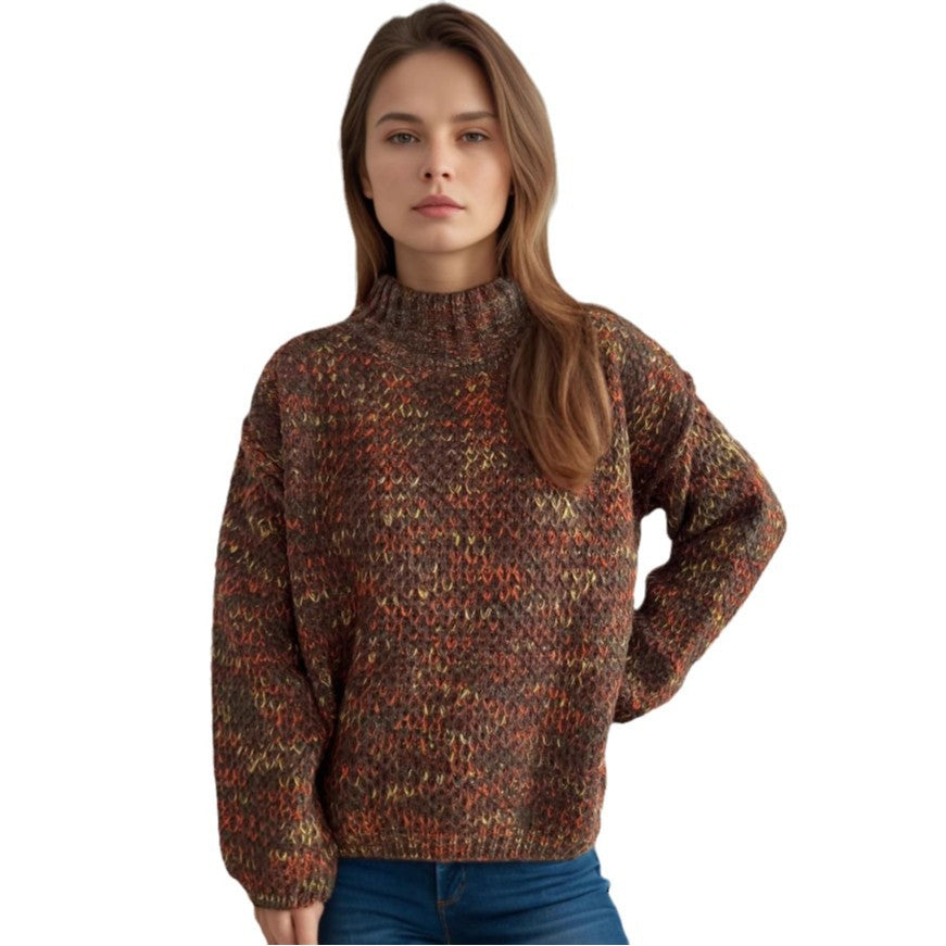 Damen Grobstrickpullover Hochgeschlossener Kragen Luftig Beige