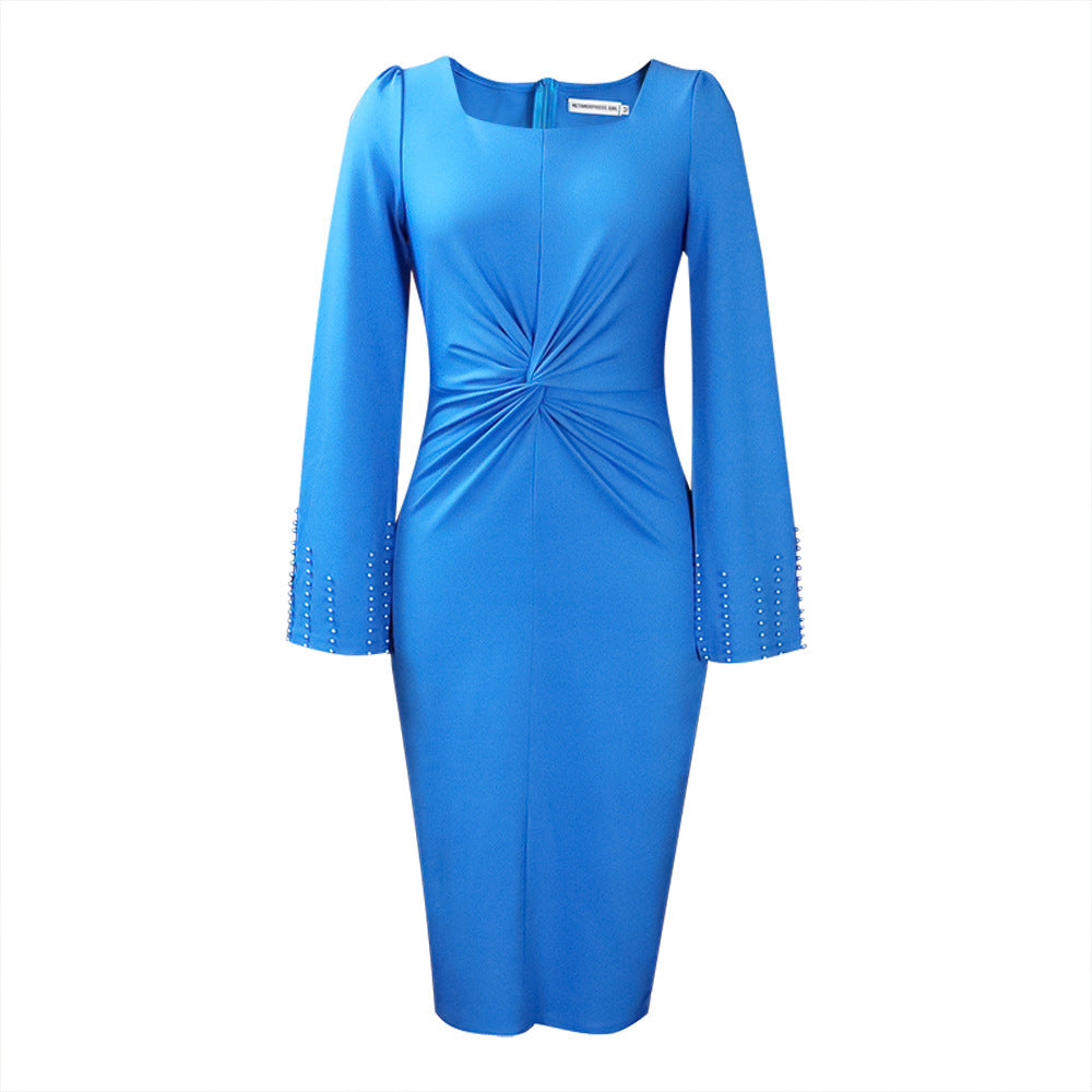 Damen Kleid Figurbetont Mit Bindegürtel Ärmel