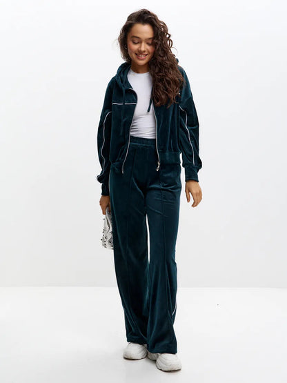Damen Sportlicher Velour-Anzug mit Kapuze Elastisch