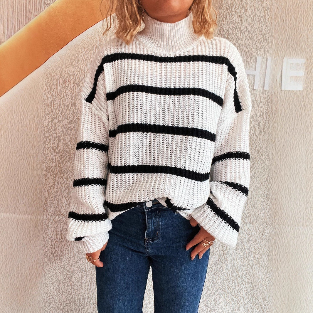 Damen Grobstrickpullover Rollkragen Streifenmuster