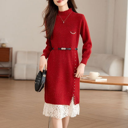 Damen Strickkleid mit Perlen und Gürtel