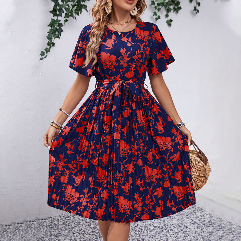 Damen Midi-Kleid Floraler Druck Taillierter Gürtel Norvielle