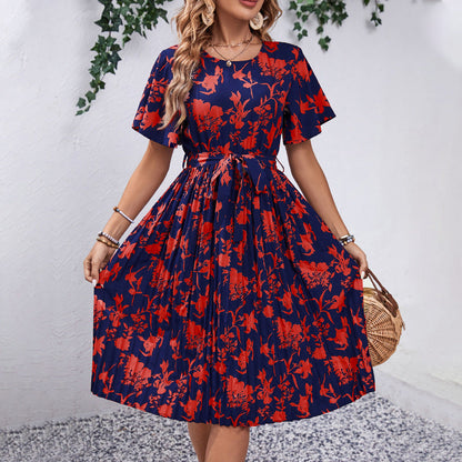 Damen Midi-Kleid Floraler Druck Taillierter Gürtel Norvielle
