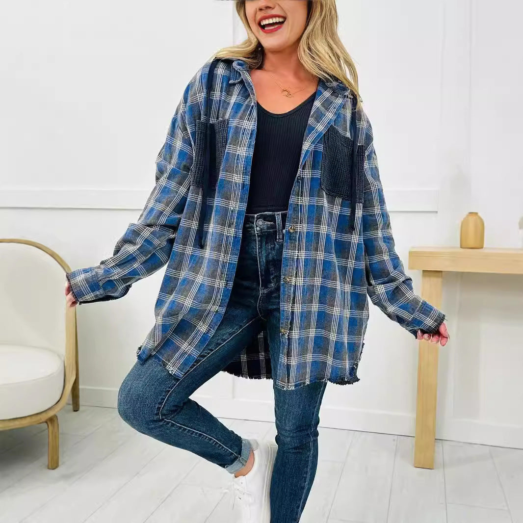 Damen Karo-Hemdjacke Oversized mit Fransen Details Norvielle