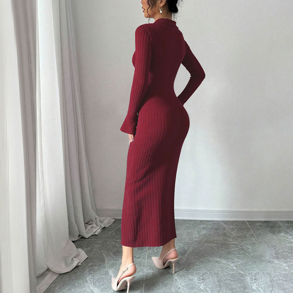 Damen Langarm-Kleid Rippdesign Figurbetonend Norvielle