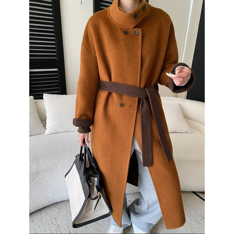 Damen Wollmantel Hochkragen Praktische Taschen Schwarz Norvielle - Norvielle