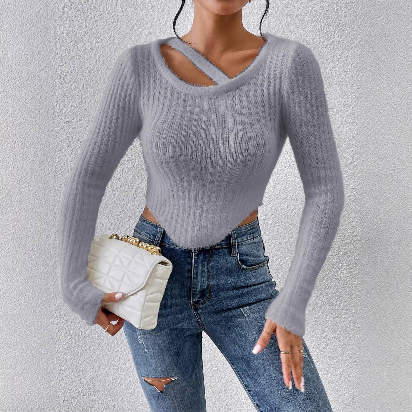 Damen Off-the-Shoulder Stricktop Elastisch Beige