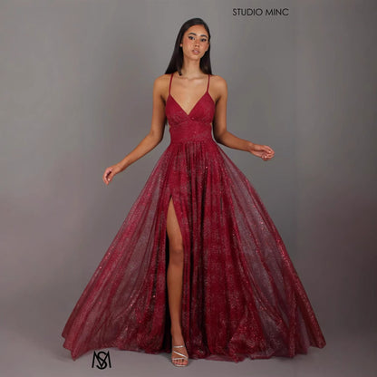 Damen Abendkleid V-Ausschnitt Tüll