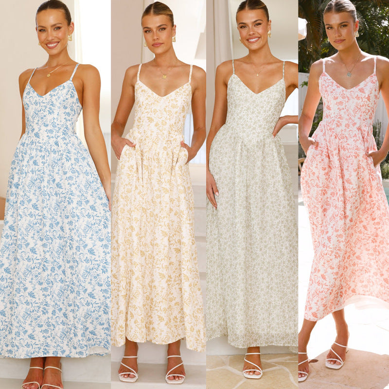 Damen Maxikleid feines Floralmuster Spaghettiträger Norvielle - Norvielle