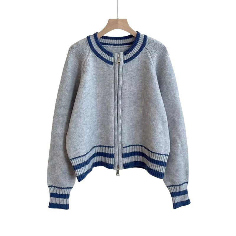 Damen Strickcardigan Sportlich Reißverschluss Gestreift Grün