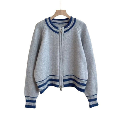 Damen Strickcardigan Reißverschluss Sportliches Streifenmuster