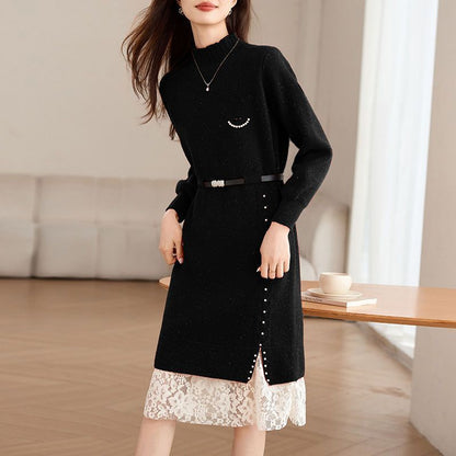 Damen Strickkleid mit Perlen und Gürtel