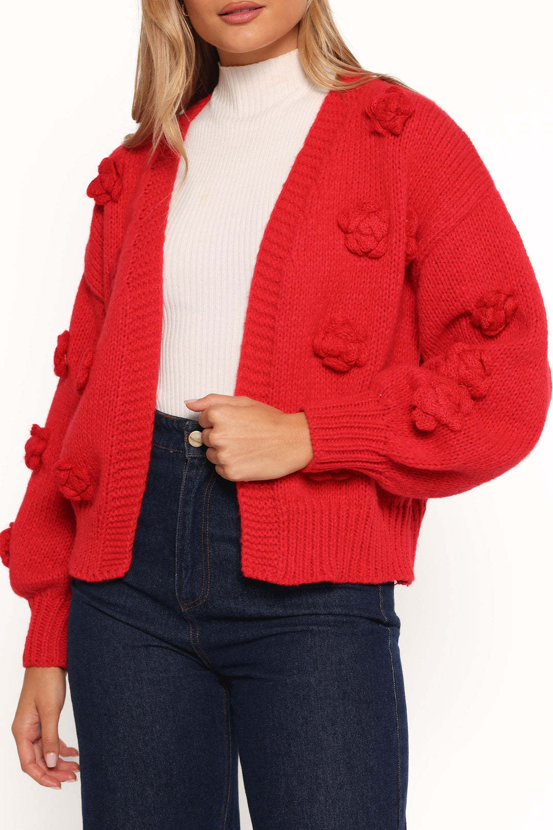 Damen Strickjacke Florales Design Voluminöse Ärmel Norvielle