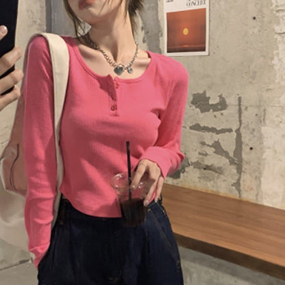 Damen Langarmshirt Rippdesign Knopfleiste Weiß