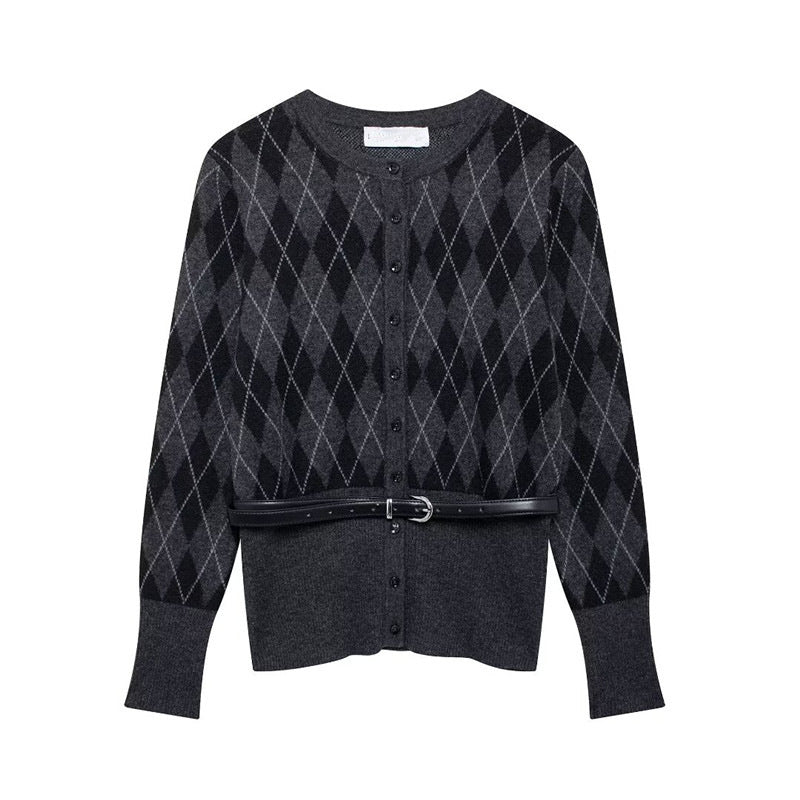 Damen Strickjacke Karomuster Mit Abnehmbarem Gürtel Norvielle