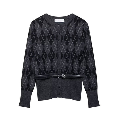 Damen Strickjacke Karomuster Mit Abnehmbarem Gürtel Norvielle